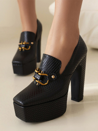 ブラック レディース ハイヒール ローファー プラットフォーム メタルディテール パンプス