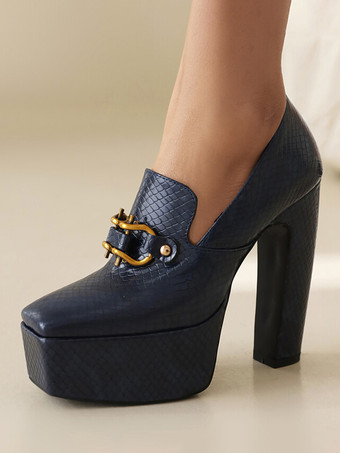 ブルー レディース ハイヒール ローファー プラットフォーム メタルディテール パンプス