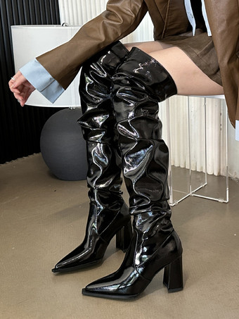 ブラック オーバーニーブーツ ダークレッド PUレザー レディース ポインテッドトゥ サイハイブーツ ウェッジヒール チャンキーヒール