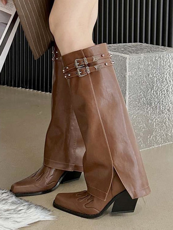 ブラウン ブラック ニーハイブーツ チャンキーヒール バックルディテール 膝丈ブーツ