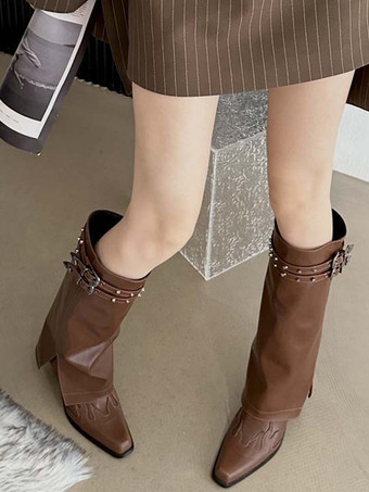 ブラック ニーハイブーツ チャンキーヒール バックルディテール 膝丈ブーツ