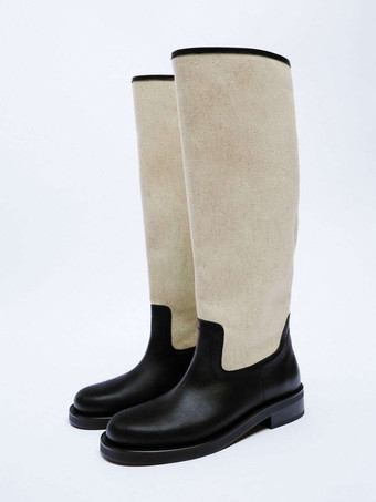 ブラック 女性用ニーハイブーツ パッチワーク ラウンドトゥ フラット ライディングブーツ