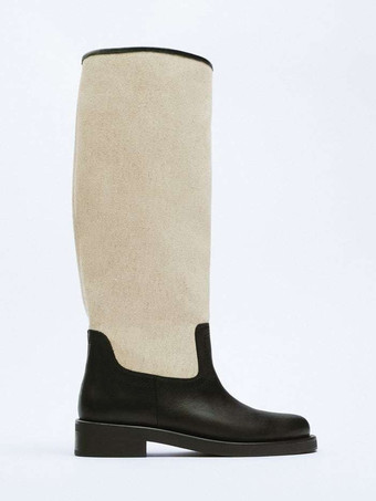 女性用ニーハイブーツ パッチワーク ラウンドトゥ フラット ライディングブーツ