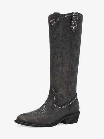 Deep GrayWomen's Western Boots Rhinestones Knee High Boots