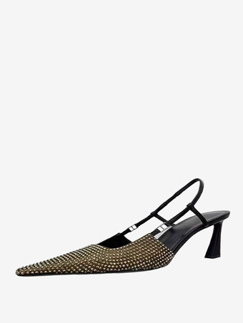 ブロンズカラーハイヒール パーティーシューズ ポインテッドトゥ ラインストーン スリングバック プロムシューズ