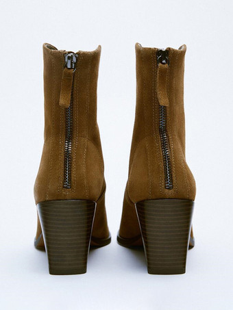 レディース チャンキーヒール ブーティ ポインテッドトゥ ジップアップ アンクルブーツ