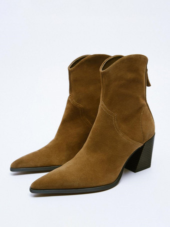 ブラウン レディース チャンキーヒール ブーティ ポインテッドトゥ ジップアップ アンクルブーツ