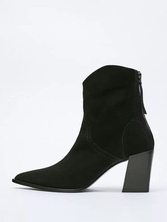 ブラック レディース チャンキーヒール ブーティ ポインテッドトゥ ジップアップ アンクルブーツ