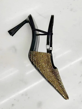 ハイヒール パーティーシューズ ポインテッドトゥ ラインストーン スリングバック プロムシューズ