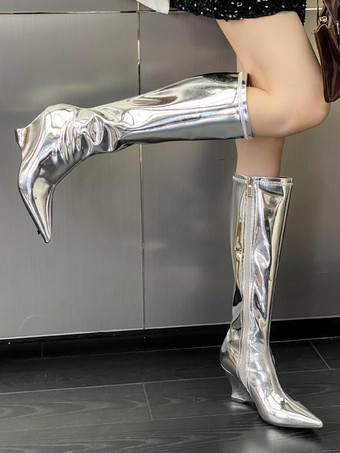 Bottes au genou pour femmes en cuir PU à talons compensés bas