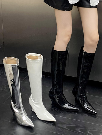 Bottes au genou pour femmes en cuir PU à talons compensés bas