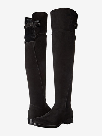 ブラック スエード フラットブーツ オーバーザニーハイ ラウンドトゥ バックルディテール ジップアップブーツ
