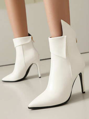 ホワイト レディース アンクルブーツ シルバー PUレザー ブーティ ポインテッドトゥ スティレットヒール