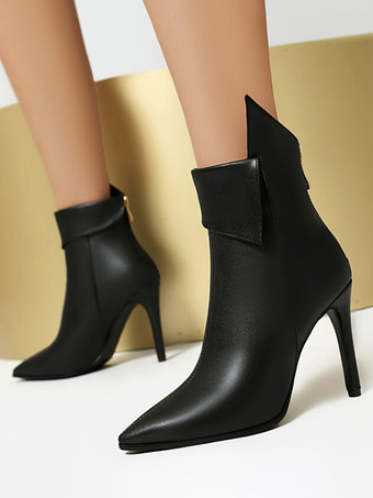 ブラック レディース アンクルブーツ シルバー PUレザー ブーティ ポインテッドトゥ スティレットヒール