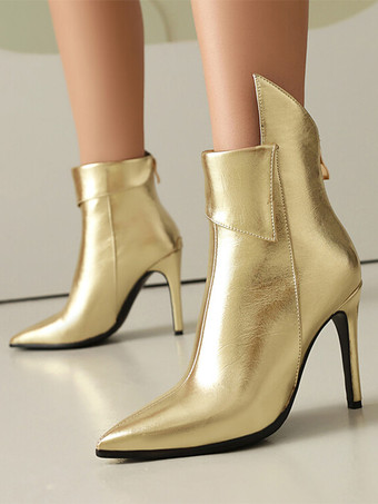 ゴールド レディース アンクルブーツ シルバー PUレザー ブーティ ポインテッドトゥ スティレットヒール