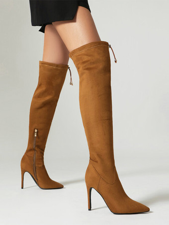 スエードのオーバーニーブーツ ハイヒール ポインテッドトゥ サイハイブーツ