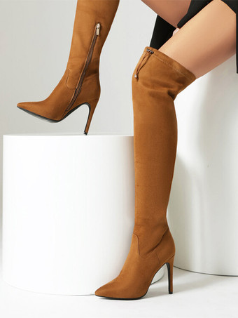 スエードのオーバーニーブーツ ハイヒール ポインテッドトゥ サイハイブーツ