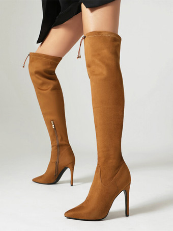 ブラウン スエードのオーバーニーブーツ ハイヒール ポインテッドトゥ サイハイブーツ