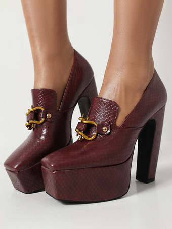 ブラウン レディース ハイヒール ローファー プラットフォーム メタルディテール パンプス