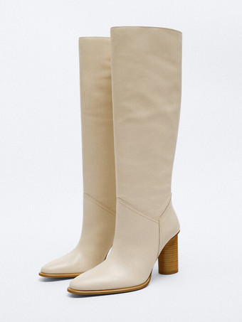 アイボリー レディース チャンキーヒール ニーハイブーツ エクリュホワイト ポインテッドトゥ ハイヒールブーツ
