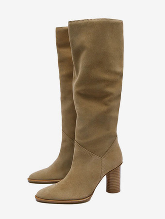カーキ レディース チャンキーヒール ニーハイブーツ エクリュホワイト ポインテッドトゥ ハイヒールブーツ