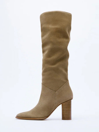 レディース チャンキーヒール ニーハイブーツ エクリュホワイト ポインテッドトゥ ハイヒールブーツ