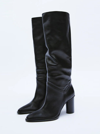 レディース チャンキーヒール ニーハイブーツ エクリュホワイト ポインテッドトゥ ハイヒールブーツ