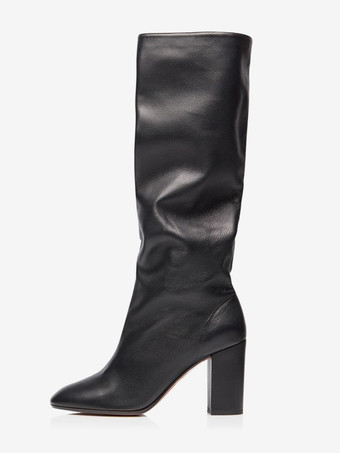 PUブラックコーヒーブラウンのミッドカーフブーツ、ポインテッドトゥ、チャンキーヒール、スラウチブーツ