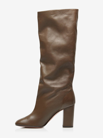 コーヒーブラウンのミッドカーフブーツ、ポインテッドトゥ、チャンキーヒール、スラウチブーツ