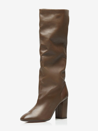 ブラウン コーヒーブラウンのミッドカーフブーツ、ポインテッドトゥ、チャンキーヒール、スラウチブーツ