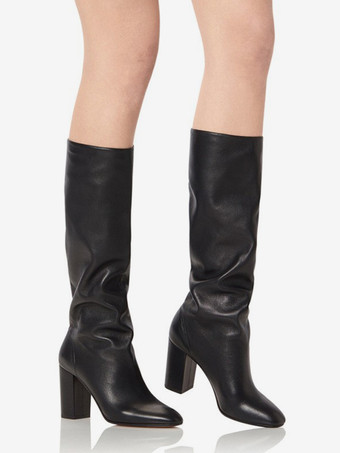 コーヒーブラウンのミッドカーフブーツ、ポインテッドトゥ、チャンキーヒール、スラウチブーツ