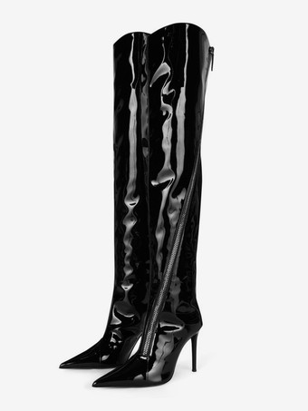 Black Black Over The Knee High Boots Zipper Designed Pointed Toe High Heel Boots