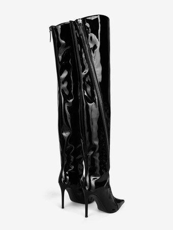 Black Over The Knee High Boots Zipper Designed Pointed Toe High Heel Boots