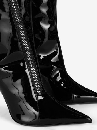 Black Over The Knee High Boots Zipper Designed Pointed Toe High Heel Boots