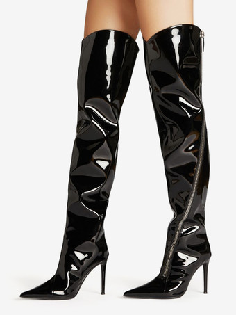 Black Over The Knee High Boots Zipper Designed Pointed Toe High Heel Boots