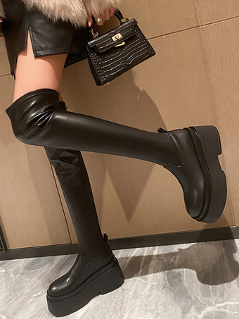 Bottes au-dessus du genou à plateforme Cuissardes bout rond noires pour femmes
