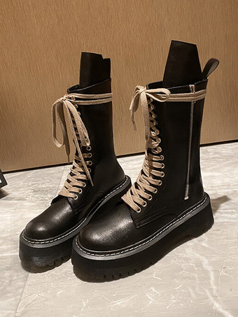 レディース コンバットブーツ ブラウン ラウンドトゥ レースアップ アンクルブーツ