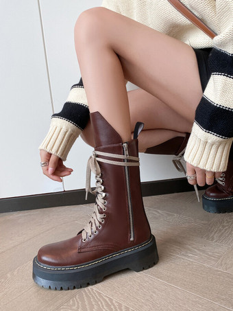 レディース コンバットブーツ ブラウン ラウンドトゥ レースアップ アンクルブーツ