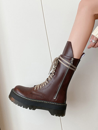 レディース コンバットブーツ ブラウン ラウンドトゥ レースアップ アンクルブーツ