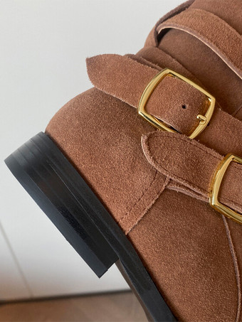 レディース スエード アンクルブーツ ラウンドトゥ バックルディテール フラットブーティ