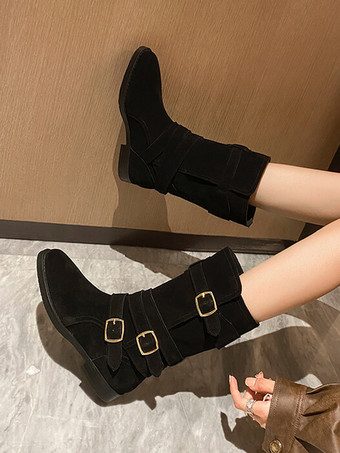 レディース スエード アンクルブーツ ラウンドトゥ バックルディテール フラットブーティ