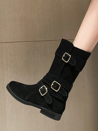 レディース スエード アンクルブーツ ラウンドトゥ バックルディテール フラットブーティ