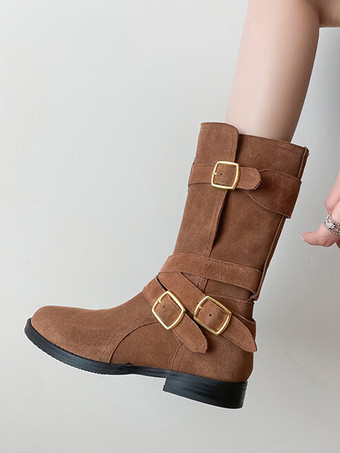 レディース スエード アンクルブーツ ラウンドトゥ バックルディテール フラットブーティ