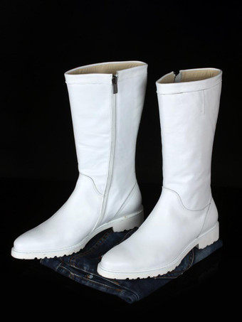ホワイト メンズ 乗馬用ニーハイブーツ カジュアルブーツ 本革 サイドジッパー ナイトブーツ