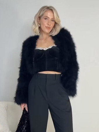 フェイクファーコート ブラック ウエスト上げ 長袖 レディースコート