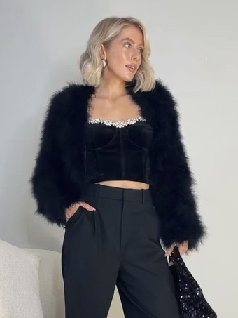 フェイクファーコート ブラック ウエスト上げ 長袖 レディースコート