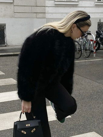 フェイクファーコート ブラック ウエスト上げ 長袖 レディースコート