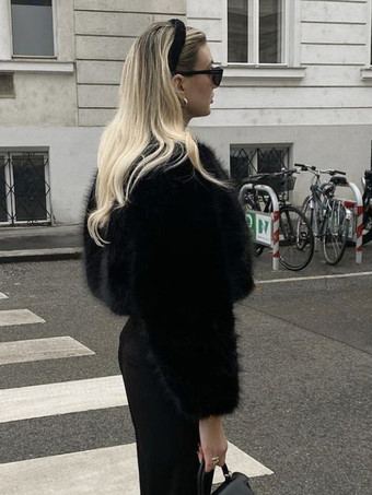 フェイクファーコート ブラック ウエスト上げ 長袖 レディースコート