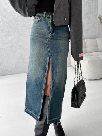 スカート ブルー デニム ナチュラルウエスト シック ハイスリット 秋 ロング レディース ボトムス