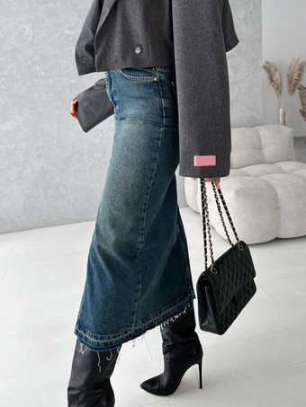 スカート ブルー デニム ナチュラルウエスト シック ハイスリット 秋 ロング レディース ボトムス